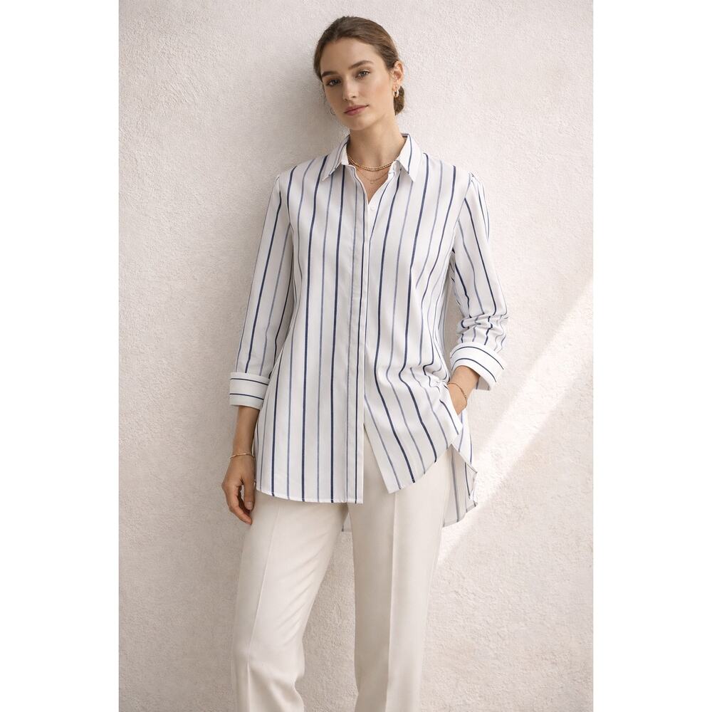 Lafayette 148 Stripe Button Down Shirt White Blue Longline Size L - Picture 6 of 13